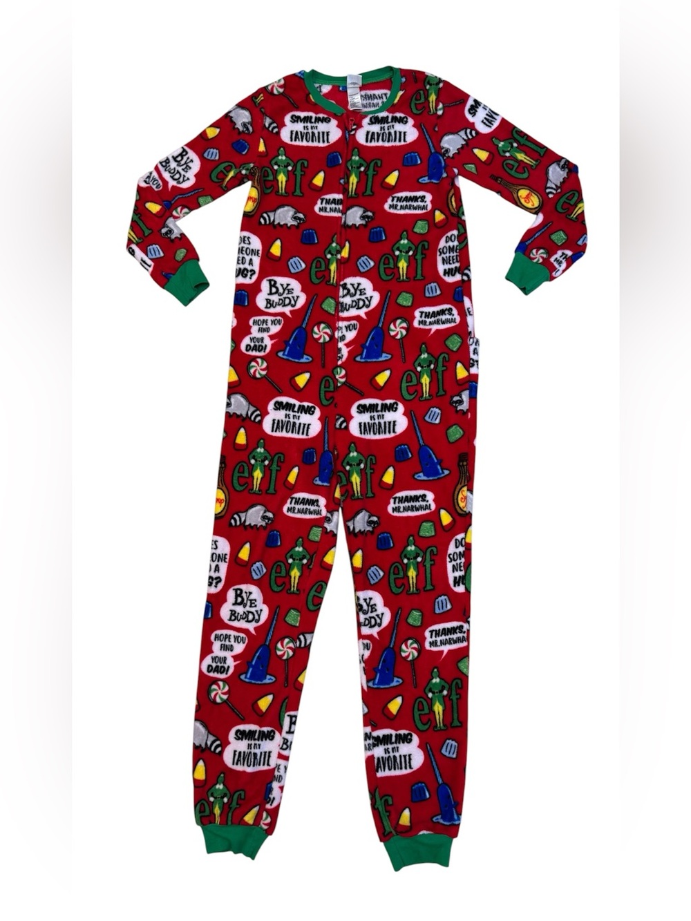 Elf Red Holiday Unisex One Piece Zip Back Flap Christmas Sleepwear Pajamas M